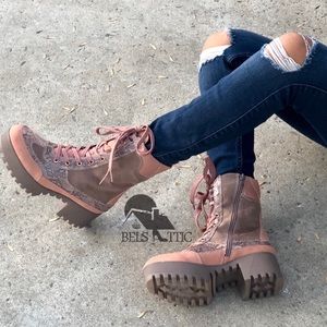 Platform Lug Sole Taupe & Snake Combat BOOTS